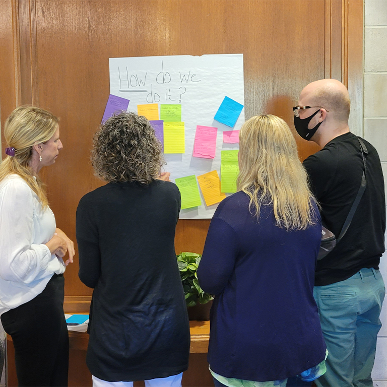 Four people placing Post-It notes on a large piece of paper
