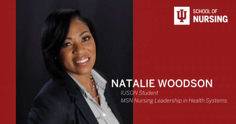 Graphic including photo of Natalie Woodson and IU School of Nursing logo