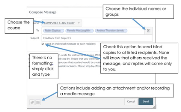 Sample screen showing a example new message. A label in the upper right corner shows the book icon where you can choose groups or individuals to send the message to. A drop-down option in the upper left allows you to select the course. A checkbox below the subject line indicates that if marked you will be sending a blind copy to each of the individuals in the To field. An alert indicates that you can not apply formatting to a Canvas message. In the lower left are icons that allow you add an attachment or an audio comment.