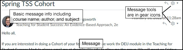 Sample screen of a message preview with a label showing that the upper left contains basic message information including author, course name, and subject. A label in the upper right points to the two gear icons where additional tools are located. A label in the center bottom shows where the course message will display.