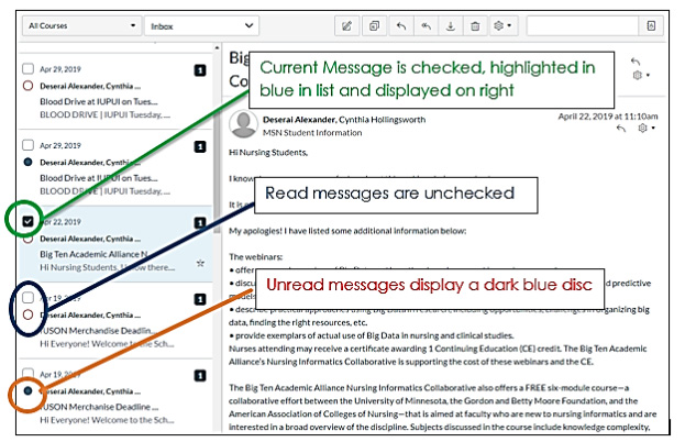 Sample screen showing that the current message is marked with a checkmark, the message is highlighted in blue in the message list, and the message itself displays on the right. Read messages are not checked. Unread messages are marked with a dark blue disc.