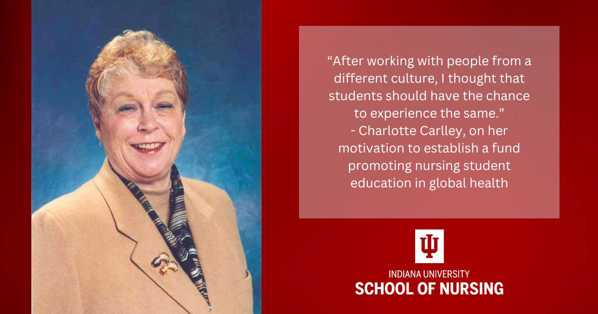 Graphic including photo of Charlotte Carlley, quote from the article, and the IU School of Nursing logo