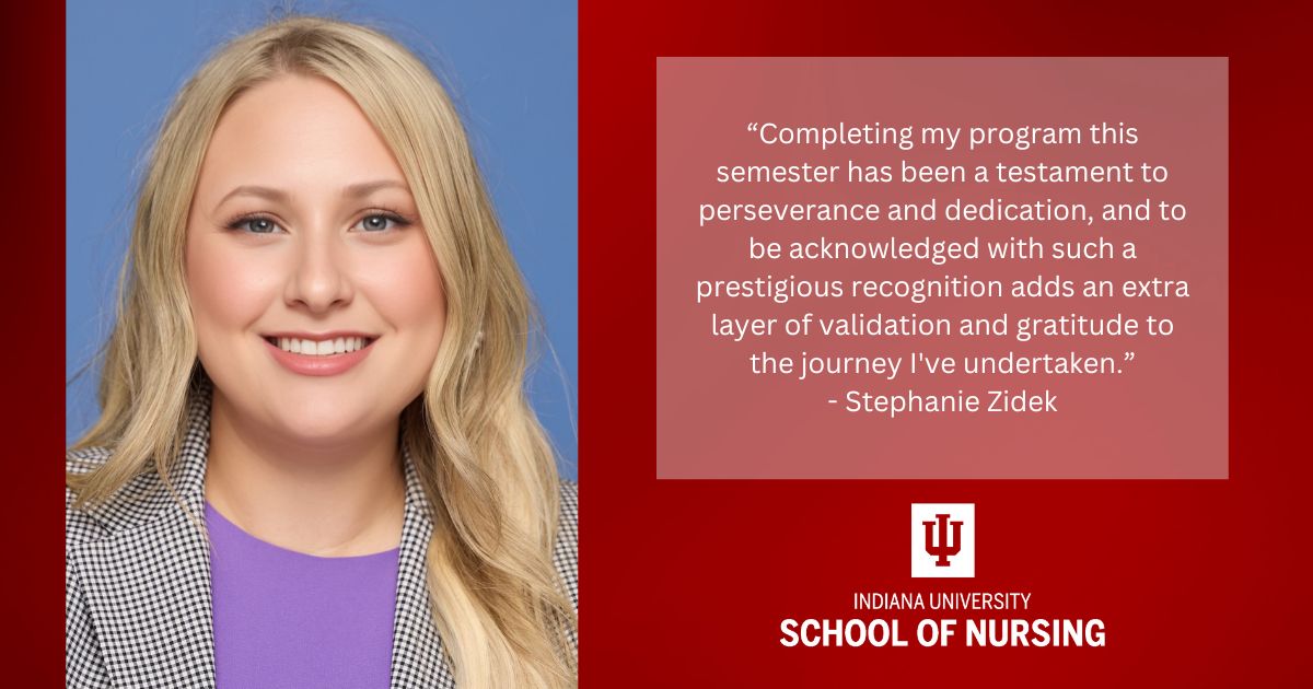 Graphic including photo of Stephanie Zidek, quote from the article, and the IU School of Nursing logo
