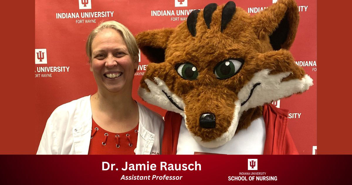 Dr. Jamie Rausch with Ruby the IU Fort Wayne mascot
