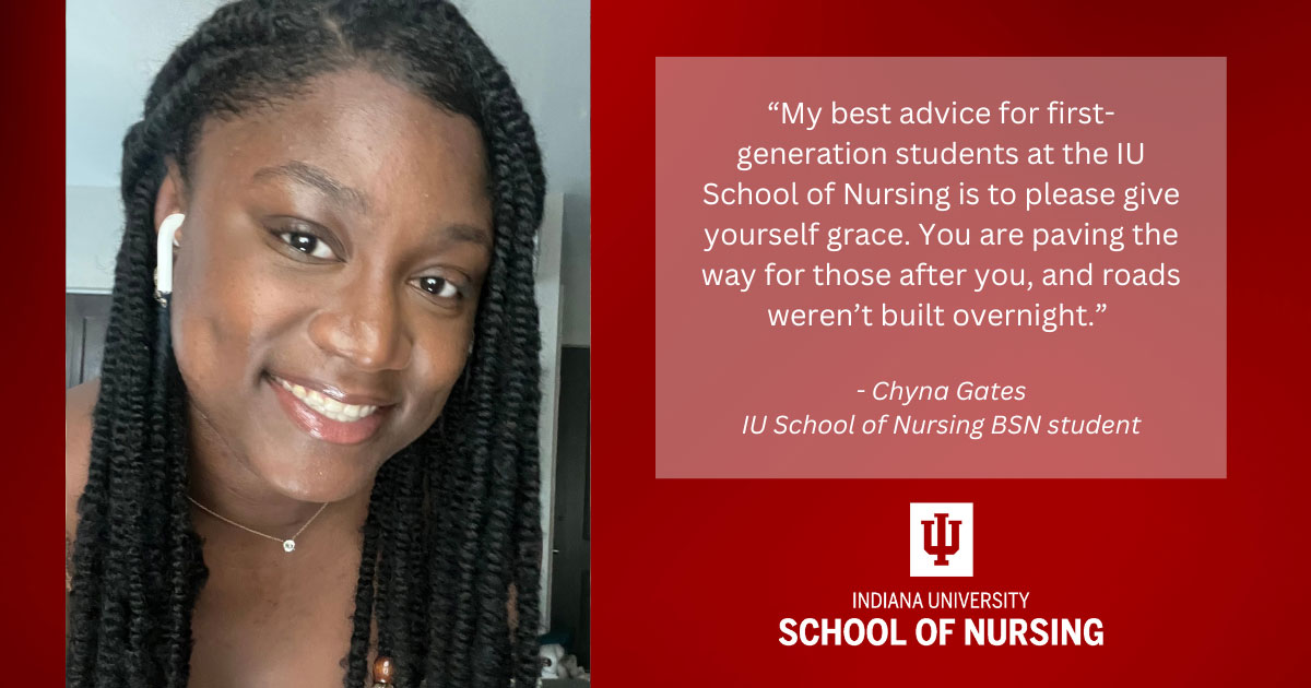 Graphic including photo of Chyna Gates, a quote from the article, and the IU School of Nursing logo