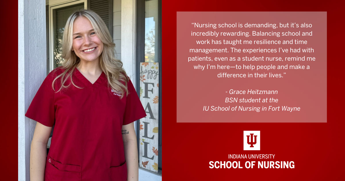 Graphic including photo of Grace Heitzmann, quote from the article, and the IU School of Nursing logo