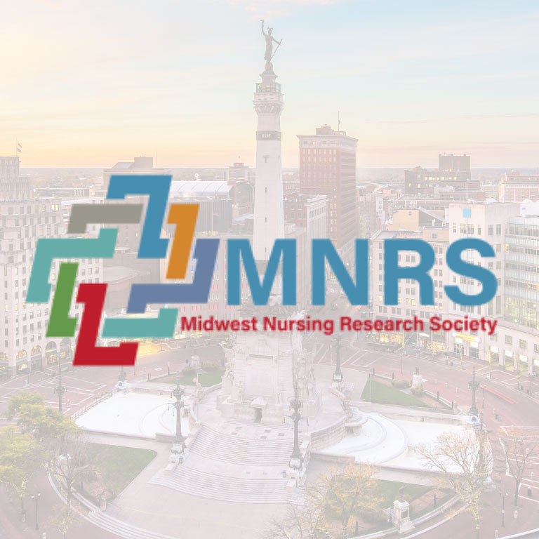 Midwest Nursing Research Society logo with a faded, light image of the Monument Circle in Indianapolis in the background Image with two photos. The first photo includes PhD student Ryan Page and Dr. Greg Carter posing by a poster. The second photo includes Dr. Jeanne Ward, a postdoctoral fellow, and Dr. Victoria Champion posing by a poster. Both photos were taken during the Midwest Nursing Research Society's 49th Annual Research Conference in Indianapolis.