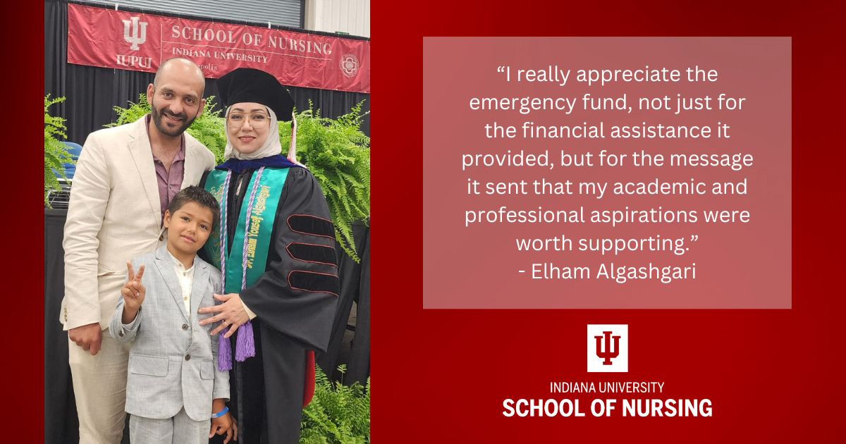 Graphic including photo of Dr. Elham Algashgari, her husband, and her son, as well as a quote from the article