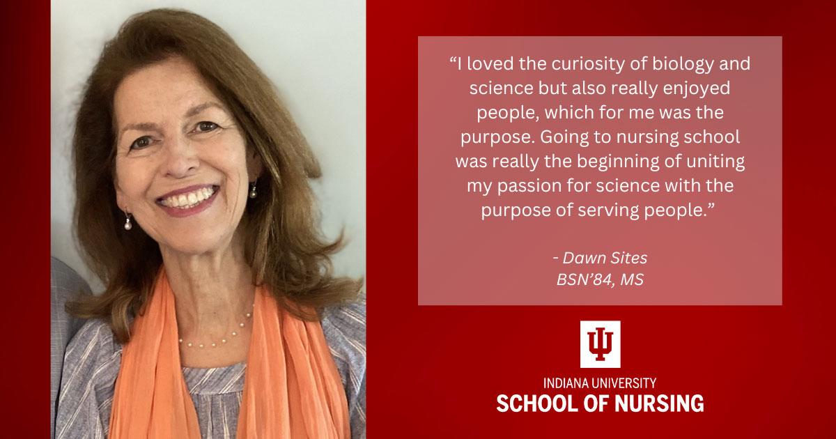 Graphic including photo of Dawn Sites, quote from the article, and the IU School of Nursing logo