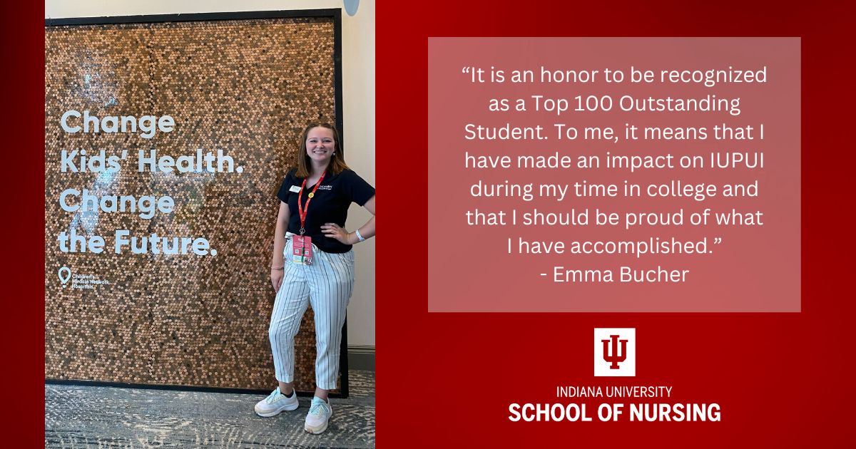 Graphic including photo of Emma Bucher, a quote from the article, and the IU School of Nursing logo