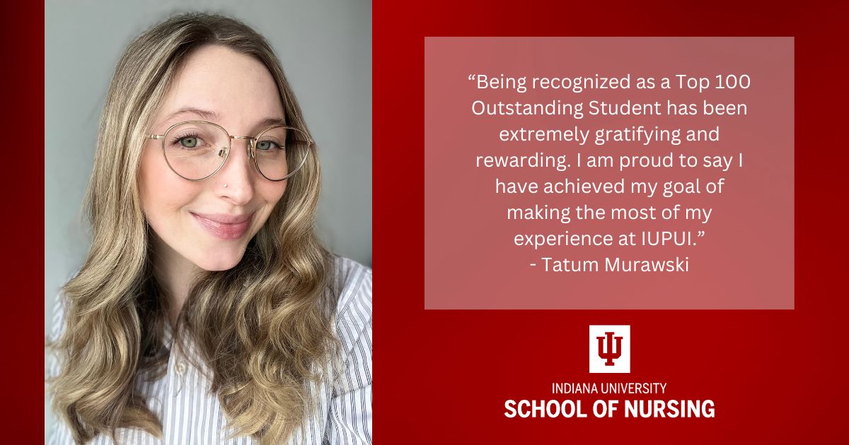 Graphic including photo of Tatum Murawski, quote from the article, and the IU School of Nursing logo
