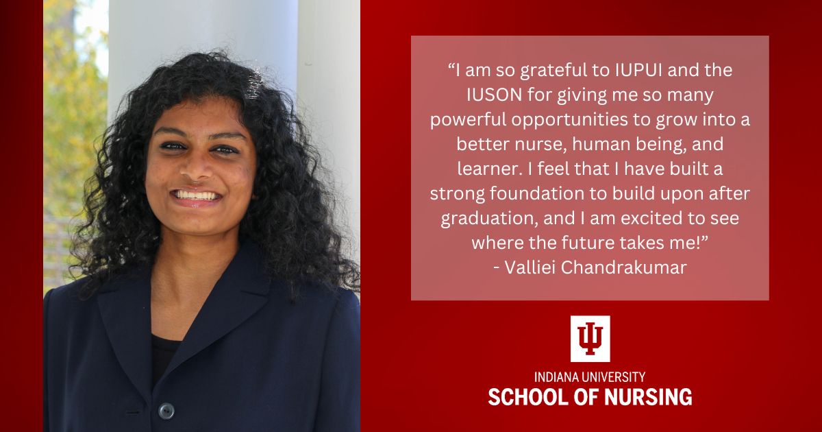 Graphic including photo of Valliei Chandrakumar, quote from the article, and the IU School of Nursing logo