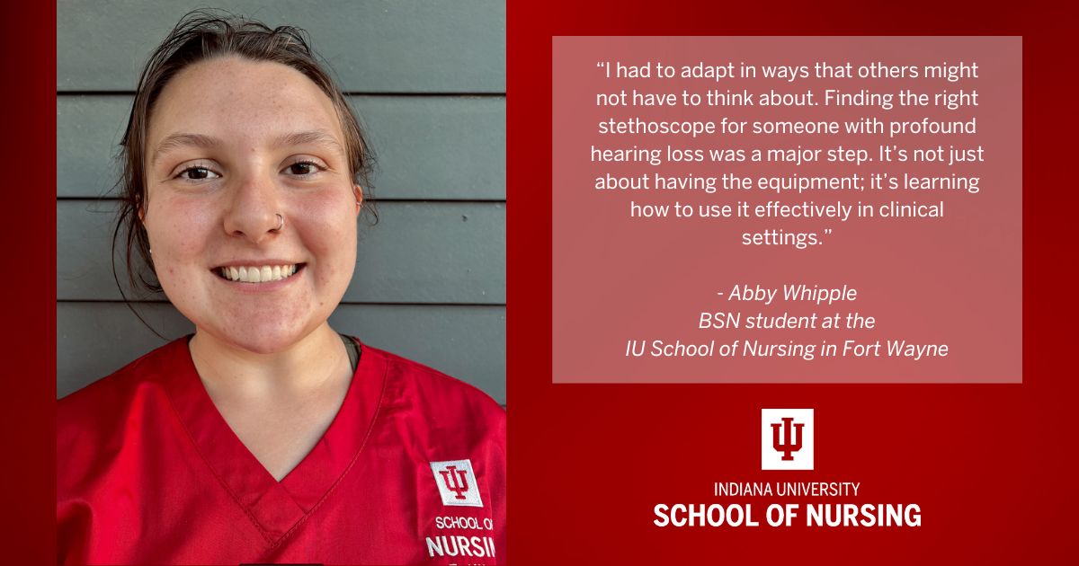 Graphic including photo of Abby Whipple, quote from the article and the IU School of Nursing logo